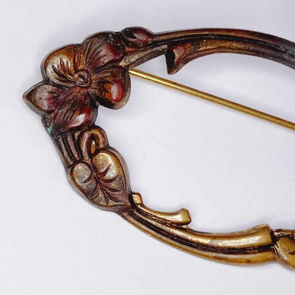 Vintage Art Nouveau Style Gold Tone Floral Revival Brooch 1940s Mid Century - Picture 5 of 9